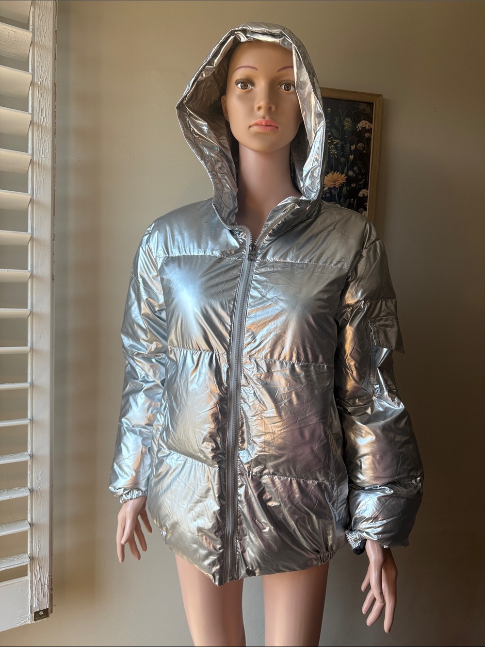 Allegra K Metallic Silver Hooded Puffer Jacket